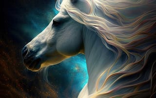 Картинка лошадь, конь, лошади, животные, белый, ночь, темнота, темный, звезды, звезда, арт, рисунок, цифровой, грива