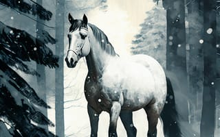 Картинка лошадь, конь, лошади, животные, белый, лес, деревья, дерево, природа, ель, елка, зима, снег, арт, рисунок, живопись, aрт