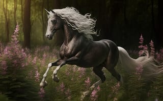 Картинка лошадь, конь, лошади, животные, бег, лес, деревья, дерево, природа, луг, вечер, закат, заход, арт, рисунок