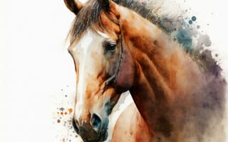 Картинка лошадь, конь, лошади, животные, коричневый, гнедой, портрет, арт, рисунок, акварель, акварельные, живопись, aрт, мазок, краска, мазок красками, текстура, текстурные