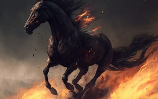 Картинка лошадь, конь, лошади, животные, бег, ночь, темнота, темный, огонь, арт, цифровой