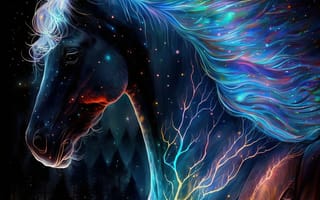 Картинка лошадь, конь, лошади, животные, портрет, арт, цифровой, ночь, темнота, темный, свечение, волшебство