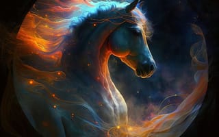 Картинка лошадь, конь, лошади, животные, портрет, ночь, темнота, темный, свечение, туманность