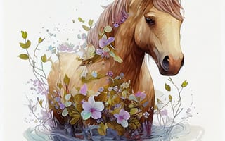 Картинка лошадь, конь, лошади, животные, коричневый, гнедой, вода, арт, рисунок, акварель, акварельные, живопись, aрт, цветок