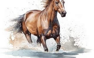 Картинка лошадь, конь, лошади, животные, коричневый, гнедой, вода, брызги, всплеск, арт, рисунок, акварель, акварельные, живопись, aрт