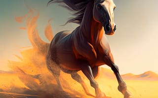 Картинка лошадь, конь, лошади, животные, бег, песок, пустыня, арт, рисунок