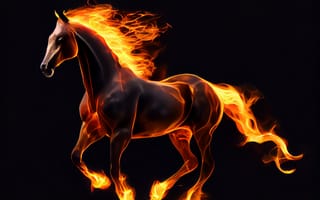 Картинка лошадь, конь, лошади, животные, бег, amoled, амолед, черный, огонь, огненный, свечение