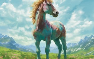 Картинка лошадь, конь, лошади, животные, луг, гора, облака, туча, облако, тучи, небо, арт, рисунок, живопись, aрт