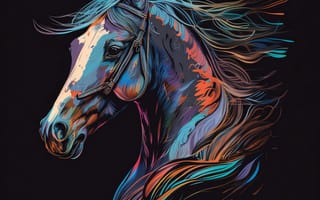 Картинка лошадь, конь, лошади, животные, портрет, арт, цифровой, amoled, амолед, черный