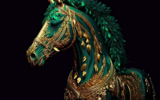 Картинка лошадь, конь, лошади, животные, amoled, амолед, черный, AI Art, ИИ арт, цифровое, арт, сгенерированный, AI, ИИ, портрет, сбруя, золотой