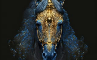 Картинка лошадь, конь, лошади, животные, amoled, амолед, черный, портрет, арт, рисунок, AI Art, ИИ арт, цифровое, сгенерированный, AI, ИИ, броня, золотой, сбруя
