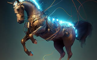 Картинка лошадь, конь, лошади, животные, AI Art, ИИ арт, цифровое, арт, сгенерированный, AI, ИИ, технологии, провод, механизм