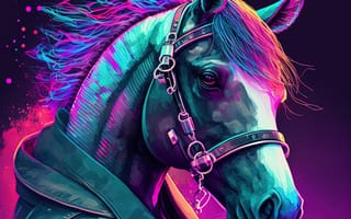 Картинка лошадь, конь, лошади, животные, портрет, арт, рисунок, AI Art, ИИ арт, цифровое, сгенерированный, AI, ИИ, свечение, неон, пиджак