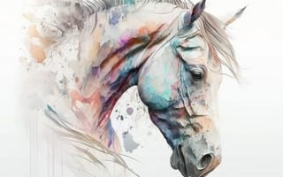 Картинка лошадь, конь, лошади, животные, белый, арт, рисунок, портрет, акварель, акварельные, живопись, aрт