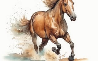 Картинка лошадь, конь, лошади, животные, коричневый, гнедой, бег, арт, рисунок, акварель, акварельные, живопись, aрт