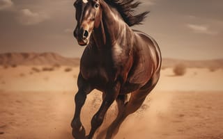 Картинка лошадь, конь, лошади, животные, коричневый, гнедой, бег, пустыня, песок