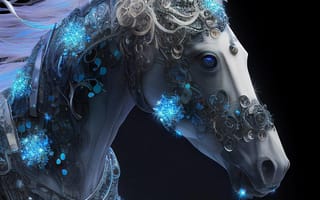 Картинка лошадь, конь, лошади, животные, арт, рисунок, цифровой, портрет, ночь, темнота, темный, AI Art, ИИ арт, цифровое, сгенерированный, AI, ИИ, свечение