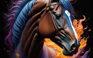 Картинка лошадь, конь, лошади, животные, коричневый, гнедой, портрет, арт, рисунок, цифровой, огонь