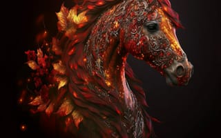 Картинка лошадь, конь, лошади, животные, портрет, арт, рисунок, цифровой, amoled, амолед, черный, осень, ночь, темнота, огонь