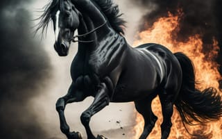 Картинка лошадь, конь, лошади, животные, вороной, бег, ночь, темнота, темный, огонь