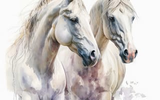 Картинка лошадь, конь, лошади, животные, пара, двое, белый, арт, рисунок, акварель, акварельные, живопись, aрт, портрет