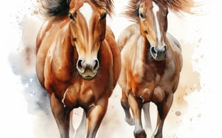 Картинка лошадь, конь, лошади, животные, пара, двое, коричневый, гнедой, бег, арт, рисунок, акварель, акварельные, живопись, aрт