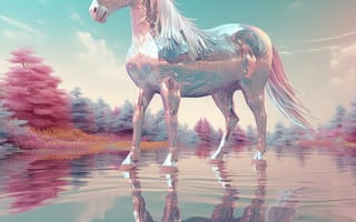 Картинка лошадь, конь, лошади, животные, озеро, пруд, вода, отражение, единорог, арт, рисунок