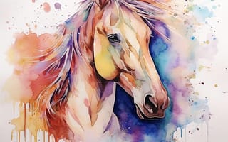 Картинка лошадь, конь, лошади, животные, коричневый, гнедой, портрет, арт, рисунок, акварель, акварельные, живопись, aрт, мазок, краска, мазок красками, текстура, текстурные