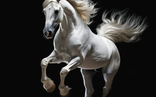 Картинка лошадь, конь, лошади, животные, белый, бег, ночь, темнота, темный, amoled, амолед, черный, арт, рисунок