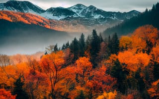 Картинка горы, гора, природа, пейзаж, лес, деревья, дерево, вечер, осень