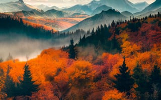 Картинка горы, гора, природа, пейзаж, лес, деревья, дерево, осень, туман, дымка
