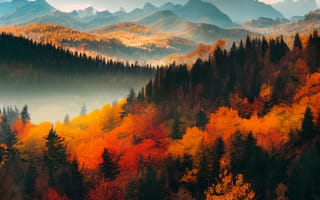 Картинка горы, гора, природа, пейзаж, лес, деревья, дерево, осень, вечер, закат, заход
