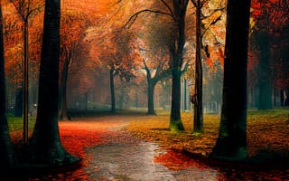 Картинка осень, осенние, время года, сезоны, сезонные, лес, деревья, дерево, природа, парк, лист, листья, листва, тропинка, тропа, вечер, сумерки, арт