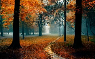 Картинка осень, осенние, время года, сезоны, сезонные, лес, деревья, дерево, природа, парк, лист, листья, листва, вечер, сумерки, арт