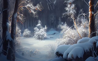 Картинка зима, зимние, время года, сезоны, сезонные, лес, деревья, дерево, природа, AI Art, ИИ арт, цифровое, арт, сгенерированный, AI, ИИ, вечер