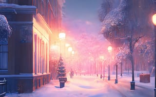 Картинка зима, зимние, время года, сезоны, сезонные, снег, ночь, AI Art, ИИ арт, цифровое, арт, сгенерированный, AI, ИИ, город, фонарь