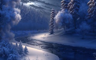 Картинка зима, зимние, время года, сезоны, сезонные, река, лес, деревья, дерево, природа, снег, ночь, луна, AI Art, ИИ арт, цифровое, арт, сгенерированный, AI, ИИ