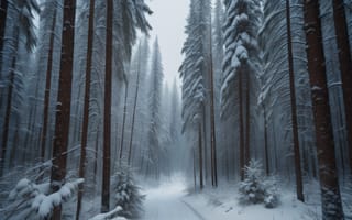 Картинка зима, зимние, время года, сезоны, сезонные, лес, деревья, дерево, природа, ель, елка, снег, вечер, AI Art, ИИ арт, цифровое, арт, сгенерированный, AI, ИИ