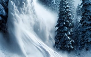 Картинка зима, зимние, время года, сезоны, сезонные, снег, лес, деревья, дерево, природа, ель, елка, лавина, AI Art, ИИ арт, цифровое, арт, сгенерированный, AI, ИИ