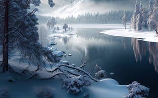 Картинка зима, зимние, время года, сезоны, сезонные, гора, река, лес, деревья, дерево, природа, снег, отражение, AI Art, ИИ арт, цифровое, арт, сгенерированный, AI, ИИ