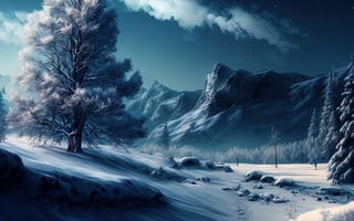 Картинка зима, зимние, время года, сезоны, сезонные, пейзаж, природа, гора, дерево, вечер, сумерки, ночь, AI Art, ИИ арт, цифровое, арт, сгенерированный, AI, ИИ, снег