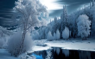 Картинка зима, зимние, время года, сезоны, сезонные, лес, деревья, дерево, природа, ручей, река, пейзаж, снег, вечер, ночь, AI Art, ИИ арт, цифровое, арт, сгенерированный, AI, ИИ