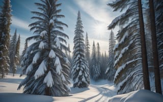 Картинка зима, зимние, время года, сезоны, сезонные, лес, деревья, дерево, природа, ель, елка, вечер, сумерки, AI Art, ИИ арт, цифровое, арт, сгенерированный, AI, ИИ