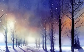 Картинка зима, зимние, время года, сезоны, сезонные, лес, деревья, дерево, природа, вечер, закат, заход, акварель, акварельные, живопись, aрт