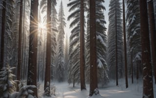 Картинка зима, зимние, время года, сезоны, сезонные, лес, деревья, дерево, природа, ель, елка, AI Art, ИИ арт, цифровое, арт, сгенерированный, AI, ИИ