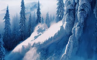 Картинка зима, зимние, время года, сезоны, сезонные, лес, деревья, дерево, природа, ель, елка, гора, снег, арт, рисунок