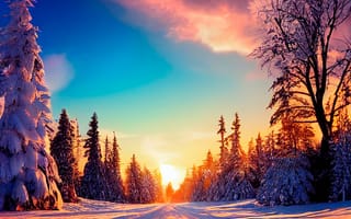 Картинка зима, зимние, время года, сезоны, сезонные, лес, деревья, дерево, природа, ель, елка, дорога, вечер, закат, заход, солнце
