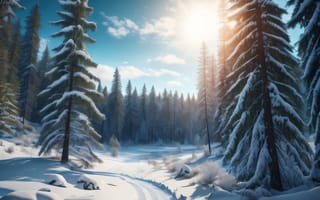 Картинка зима, зимние, время года, сезоны, сезонные, лес, деревья, дерево, природа, ель, елка, снег, AI Art, ИИ арт, цифровое, арт, сгенерированный, AI, ИИ