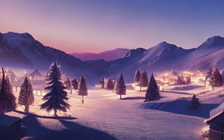 Картинка зима, зимние, время года, сезоны, сезонные, гора, дерево, ель, елка, дом, пейзаж, природа, снег, ночь, село, поселок