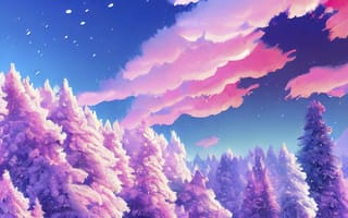 Картинка зима, зимние, время года, сезоны, сезонные, лес, деревья, дерево, природа, ель, елка, снег, вечер, закат, заход, облака, туча, облако, тучи, небо, арт, рисунок, живопись, aрт